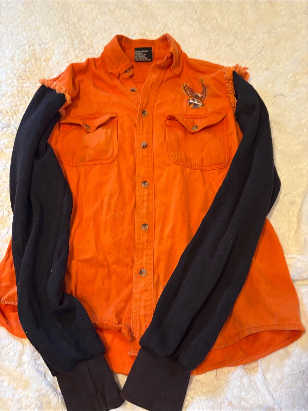 Women’s Orange Button-Front Shirt Jacket with Black Sleeves